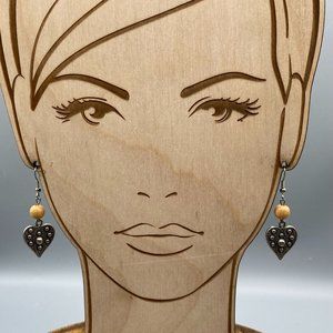 Vintage Boho Heart Drop Earrings, Wooden Bead and Brutalist Heart Dangle